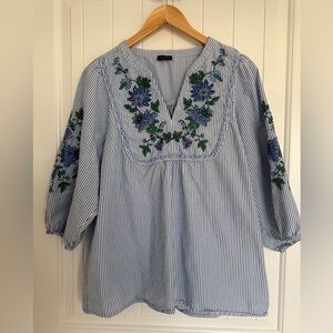 Talbots Blue White Striped Floral Embroidered 3/4 Sleeve Popover Top Large